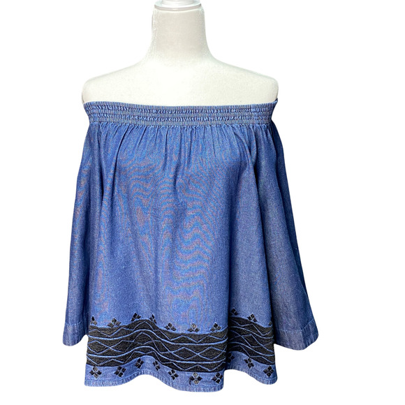 NE QUITTEZ PAZ | sz S Women's Denim Off Shoulder Black Embroidered Swing Top - Picture 1 of 7